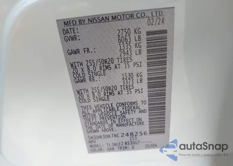 2024 Nissan Pathfinder Platinum 4Wd из США, поврежденный, VIN 5N1DR3DK7RC248256